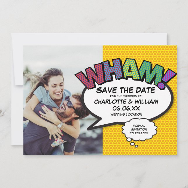 Moderne farbenfrohe WHAM-Comic-Book Save The Date (Vorderseite)