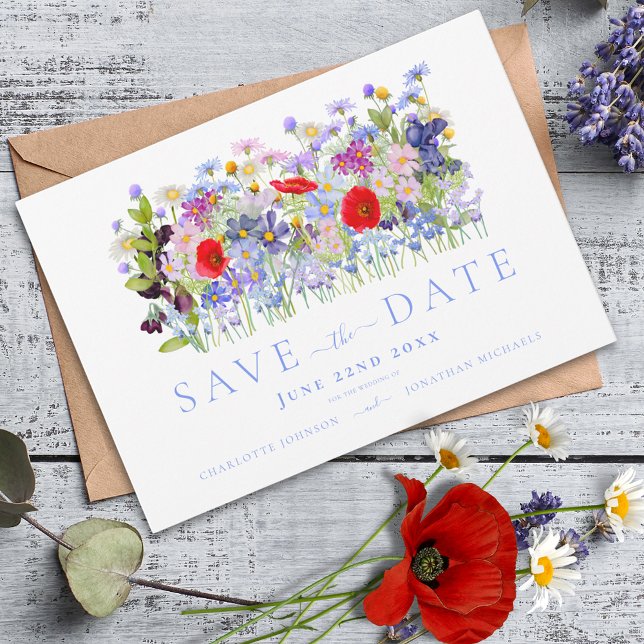 Moderne farbenfrohe Wildblume Hochzeit Save The Date (Colorful wildflower meadow boho chic blue typography wedding invitation )