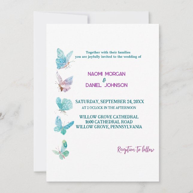 Moderne farbige Schmetterlinge zum Hochzeitsempfan Einladung (Vorderseite)
