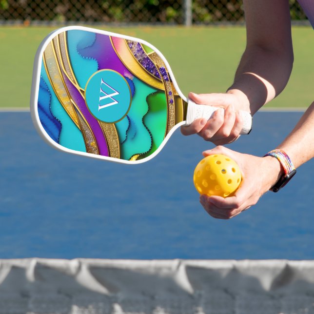 Moderne Farbschmuck Abstrakt & Gold Monogram Pickleball Schläger (InSitu)