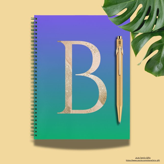 Moderne Farbvariante in blau und grün Notizbuch (Colorful gradient background in blue and green with big letter B. Glitter notebooks for her.)