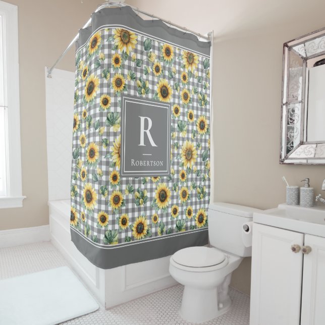 Moderne Farmhaus-Sonnenblumen-Monogramm-Gingham Duschvorhang (Beispiel)