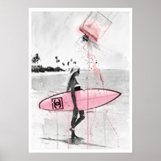 Moderne Fashion Collage: Surferin am Strand mit ro Poster
