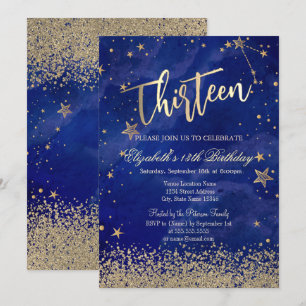 Moderne Faux-Gold-Diamanten Sterne Blau Dreizehn Einladung