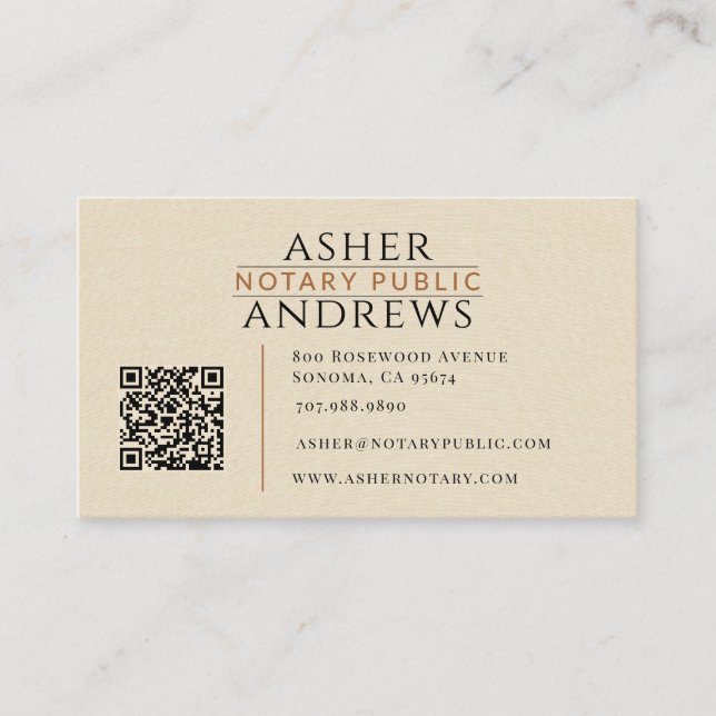 Moderne Faux-Linen Notar-QR-Code Visitenkarte (Vorderseite)