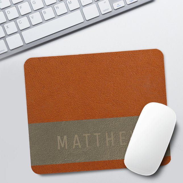 Moderne Faux Orange Graue Lederoptik Name Mousepad (Modern Faux Orange Gray Leather Texture Name Mouse Pad)