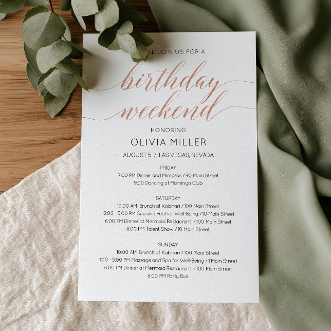 Moderne Faux-Roségold-Wochenend-Geburtstags-Itiner (Modern Faux Rose Gold Weekend Birthday Itinerary invitation, schedule)