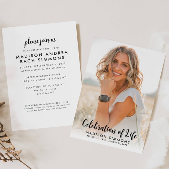 Moderne Feier zum Leben Einfaches Foto Beerdigung Einladung (Von Creator hochgeladen)