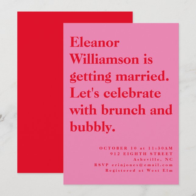 Moderne, feine Rosa und rote Typografie Bridal Bru Einladung (Vorne/Hinten)