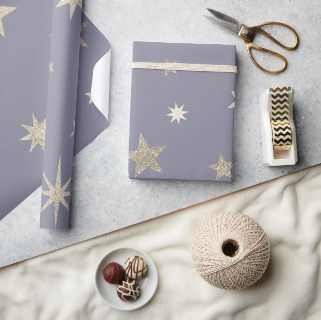 Moderne festliche Gray Gold Star Rolle Geschenkpapier (Kunsthandwerk)