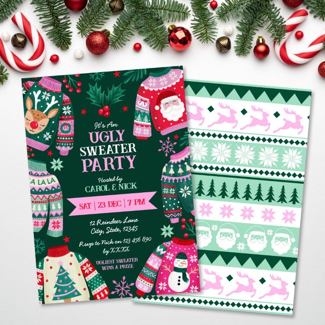Moderne festliche, hässliche, rot, grün und rosa einladung (Modern Festive Ugly Sweater Red, Green and Pink Invitation)