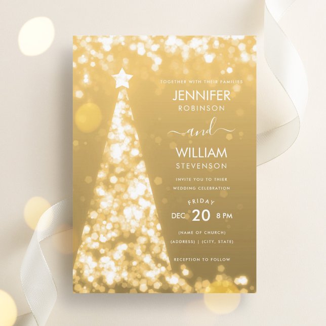Moderne festliche Weihnachtsfeier mit Goldbaum Einladung (Modern Festive Gold Tree Christmas Wedding Invitation)