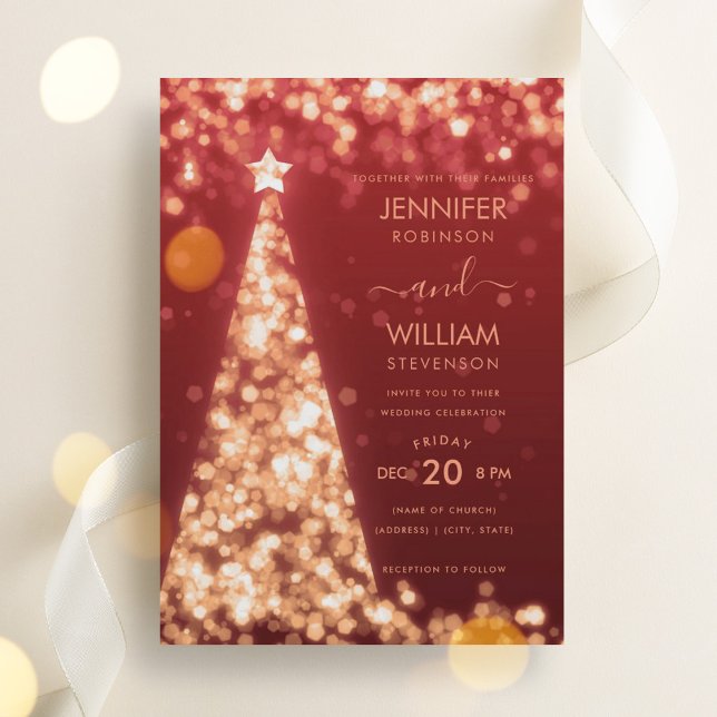 Moderne festliche Weihnachtsfeier mit Goldbaum Einladung (Modern Festive Gold Tree Christmas Wedding Invitation)