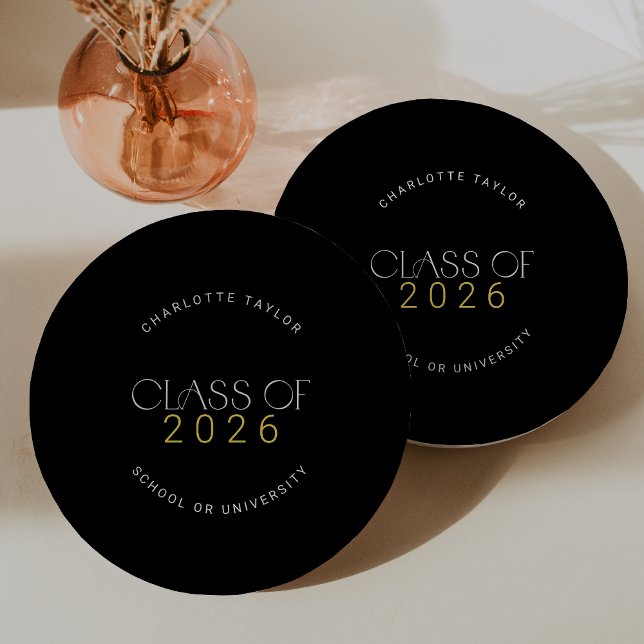 Moderne Fete Black Class 2025 Abschluss Pappteller (Modern Fete Black Gold Class of 2026 Graduation Paper Plates)