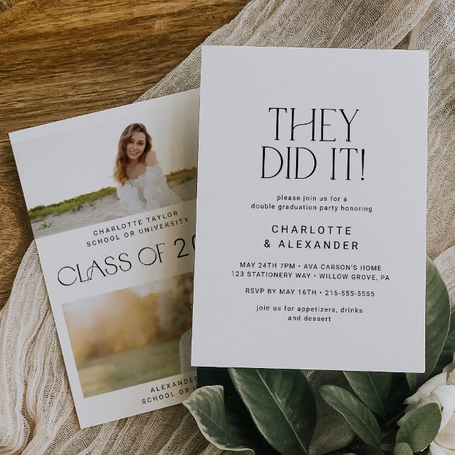 Moderne Fete Minimal Foto Double Graduation Party Einladung (Von Creator hochgeladen)