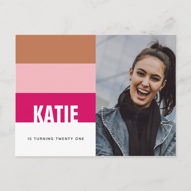 Moderne fette Streifen Pink Tan Foto 21. Geburtsta Postkarte (Vorderseite)