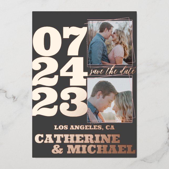Moderne fette Typografie Rose Gold & Grau Folieneinladung (Vorderseite)