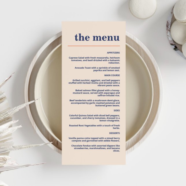 Moderne, fette Typografie Wedding Navy Apricot Ora Menükarte (Von Creator hochgeladen)