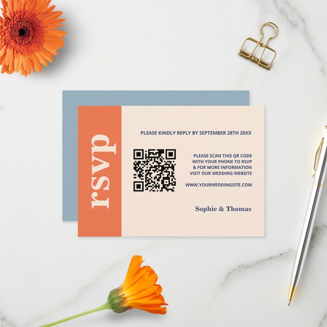 Moderne fette Typografie Wedding Orange Dusty Blue RSVP Karte (Von Creator hochgeladen)