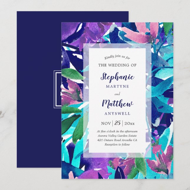 Moderne fette WasserfarbenMarine Lila Aqua Wedding Einladung (Vorne/Hinten)