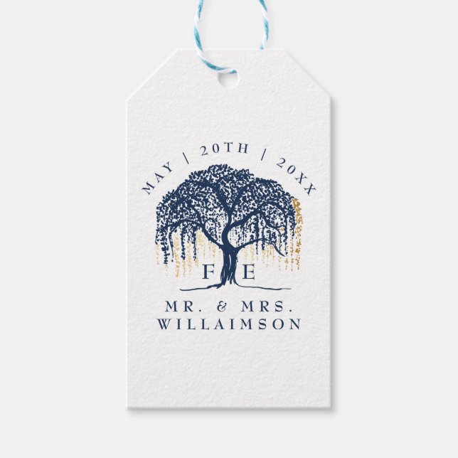 Moderne fette Willow Tree Navy Blue Gold Wedding Geschenkanhänger (Vorderseite)