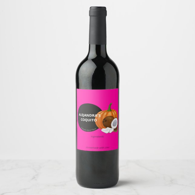 Moderne, feuchte, rosa Pumpkin Gewürz Coquito Flas Weinetikett (Vorderseite)