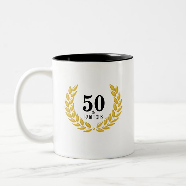 Moderne Fifty & Fabulous mit Laurel Wreath Zweifarbige Tasse (Links)