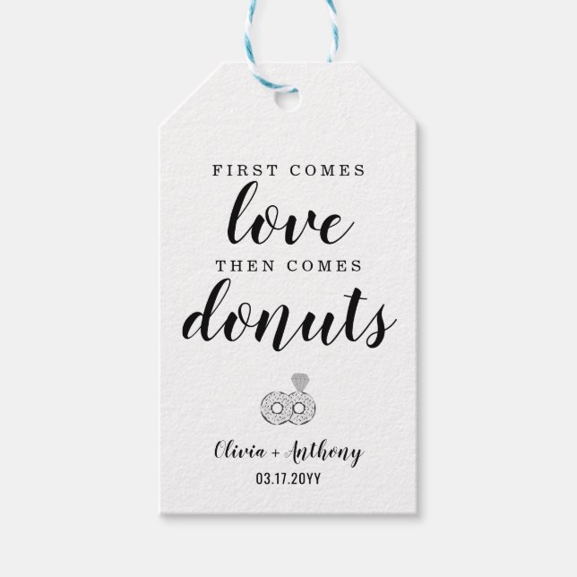 Moderne First Comes Liebe Donuts Hochzeitssnack Le Geschenkanhänger (Vorderseite)