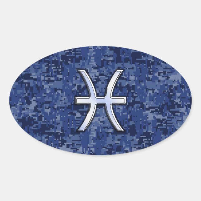 Moderne Fische Zodiac Sign Navy Blue Digital Camou Ovaler Aufkleber (Vorderseite)