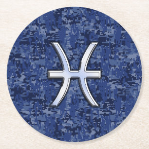 Moderne Fische Zodiac Sign Navy Blue Digital Camou Runder Pappuntersetzer