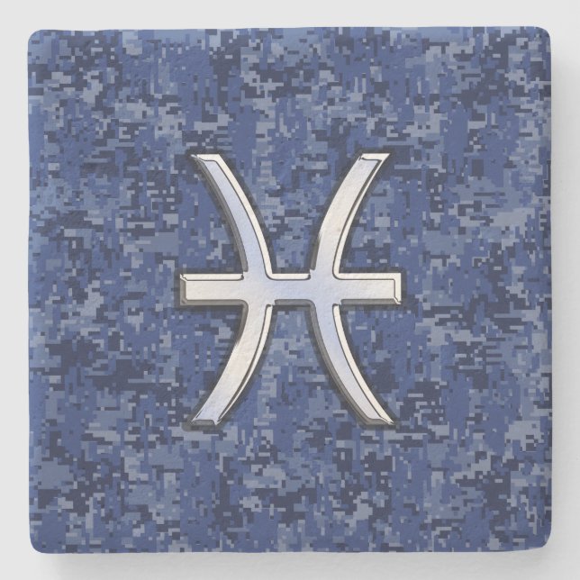 Moderne Fische Zodiac Sign Navy Blue Digital Camou Steinuntersetzer (Vorderseite)