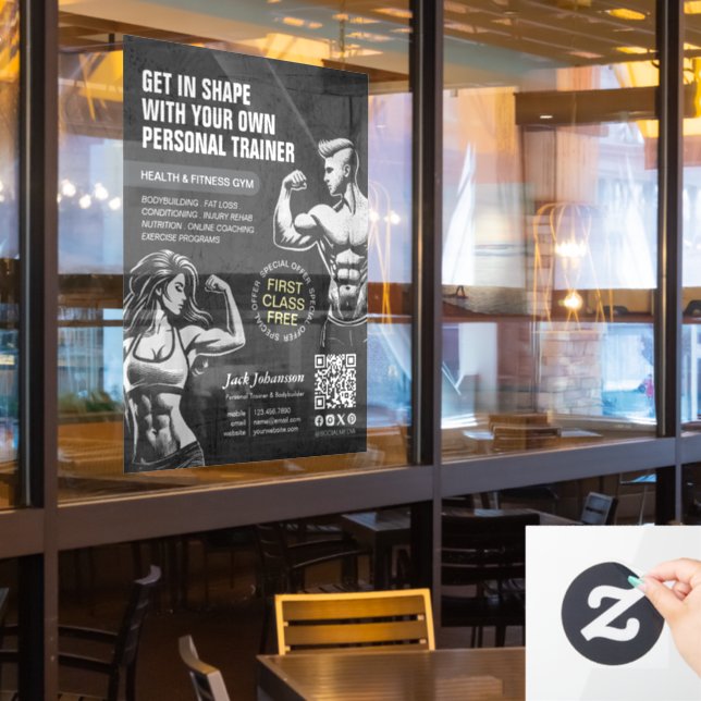 Moderne Fitness Trainer Bodybuilding Gym Instructo Fensteraufkleber (Restaurantfenster)