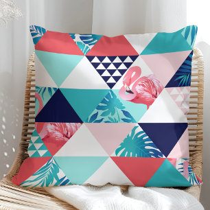 Moderne Flamingo-Geometrie (Blau & Koralle) Kissen
