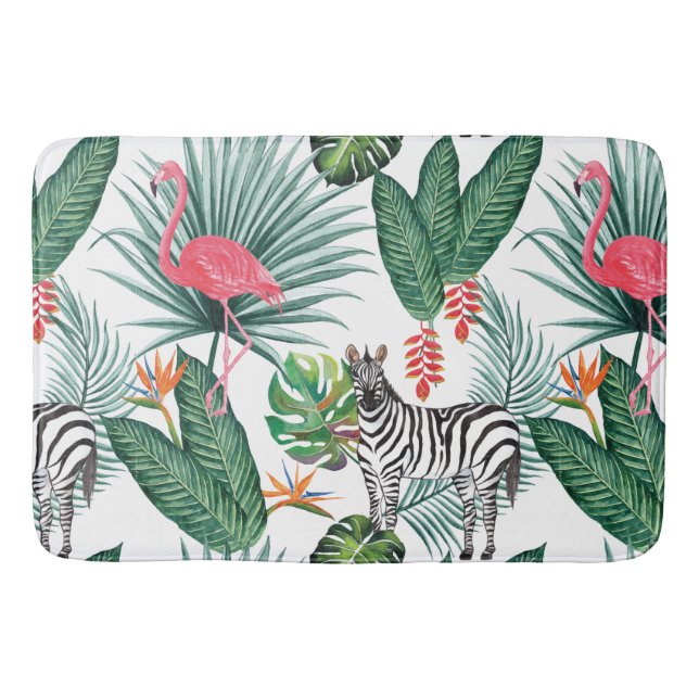 Moderne Flamingo zebra tropisches Blattwasserfarbe Badematte (Vorderseite)