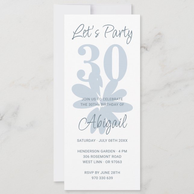 Moderne Floral Blue 30e anniversaire Invitation (Devant)