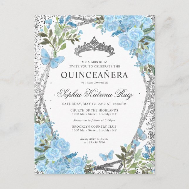 Moderne floral Dusty Blue Silver Tiara Quinceañera Postkarte (Vorderseite)