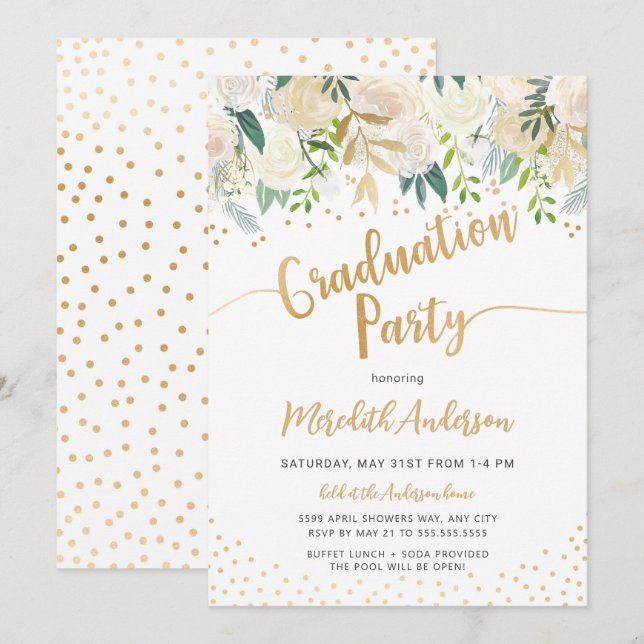 Moderne Floral gold Konfetti Graduierungsparty Einladung (Vorne/Hinten)