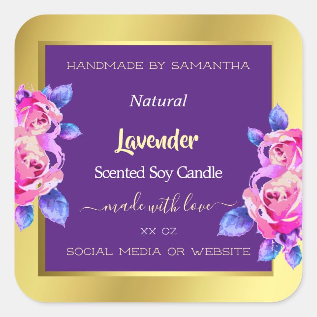 Moderne Floral Product Packaging Labels Gold Lila Quadratischer Aufkleber (Vorderseite)