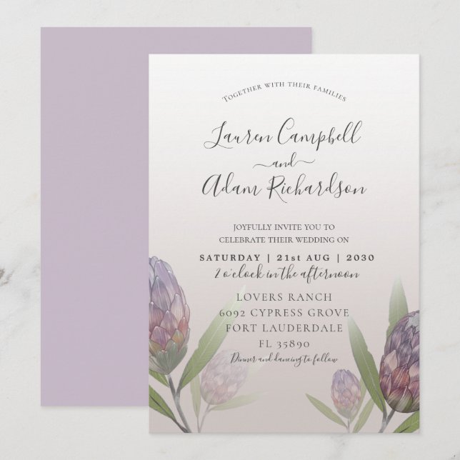 Moderne Floral Purple Floral Faire-part de mariage (Devant / Derrière)