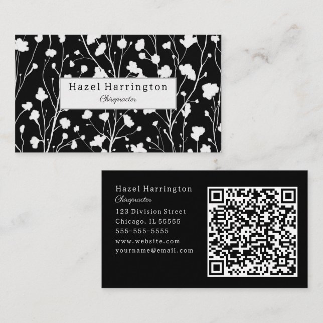 Moderne Floral QR Carte de visite noir et blanc (Devant / Derrière)