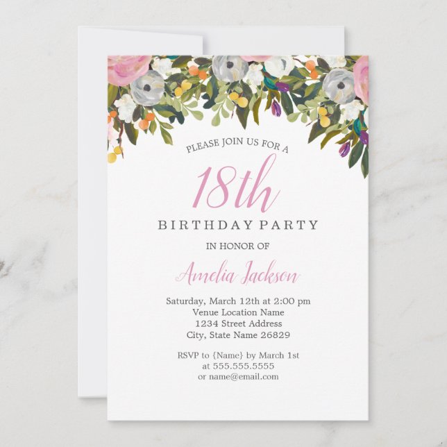 Moderne Floral rose 18e anniversaire Invitation (Devant)