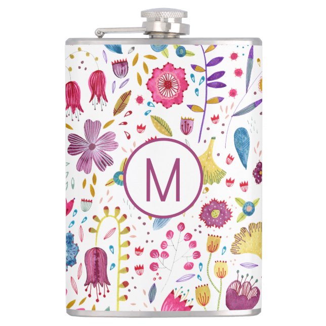 Moderne Floral Watercolor Monogram Flachmann (Vorderseite)