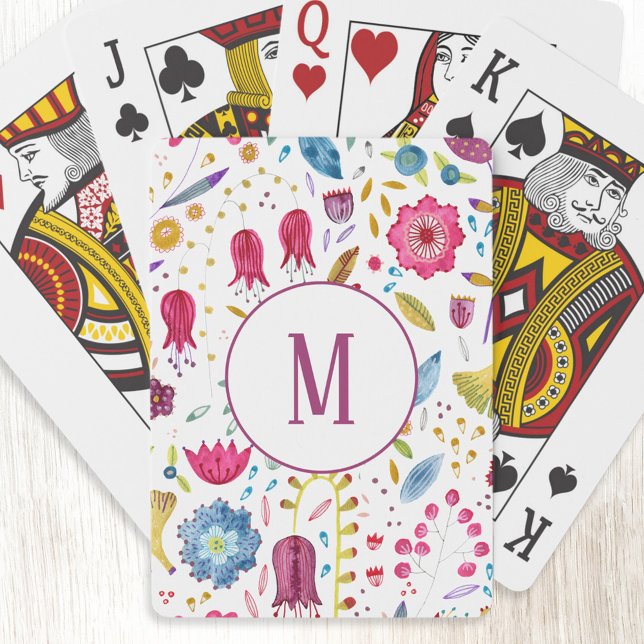 Moderne Floral Watercolor Monogram Spielkarten (Modern personalized monogram initial watercolor floral botanical art playing cards)