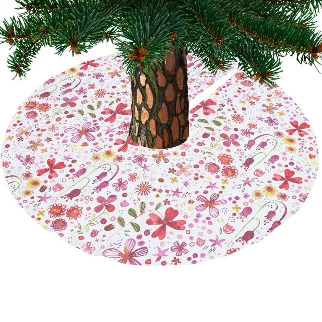 Moderne Floral Watercolor Polyester Weihnachtsbaumdecke (Modern watercolor floral red and white tree skirt)