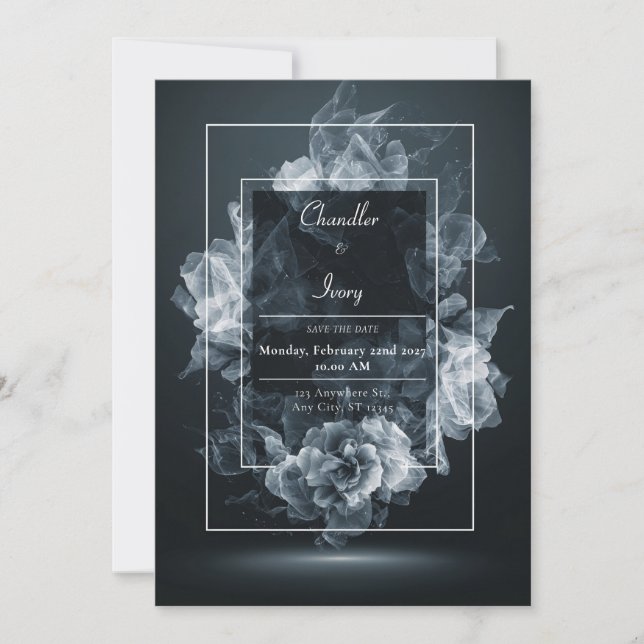 Moderne florale Akzente Elegante Black Smoke Hochz Einladung (Vorderseite)