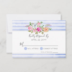 Moderne Florale Aquarell Blaue Streifen Hochzeit R RSVP Karte