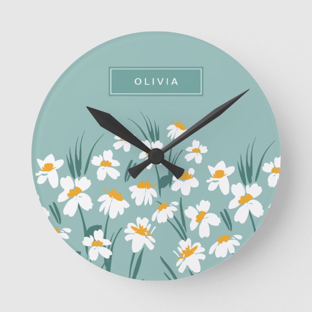 Moderne, florale Blau, mädchenhaft elegant stilvol Runde Wanduhr (Vorderseite)