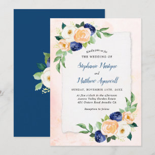 Moderne Florale Blaue Korallen-Wasserfarben-Hochze Einladung