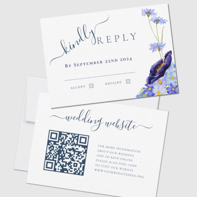 Moderne florale Blue QR Code Hochzeitserklärung An RSVP Karte (Von Creator hochgeladen)