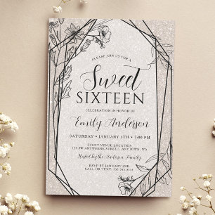 Moderne Florale Champagner Glitter Sweet 16 Einladung